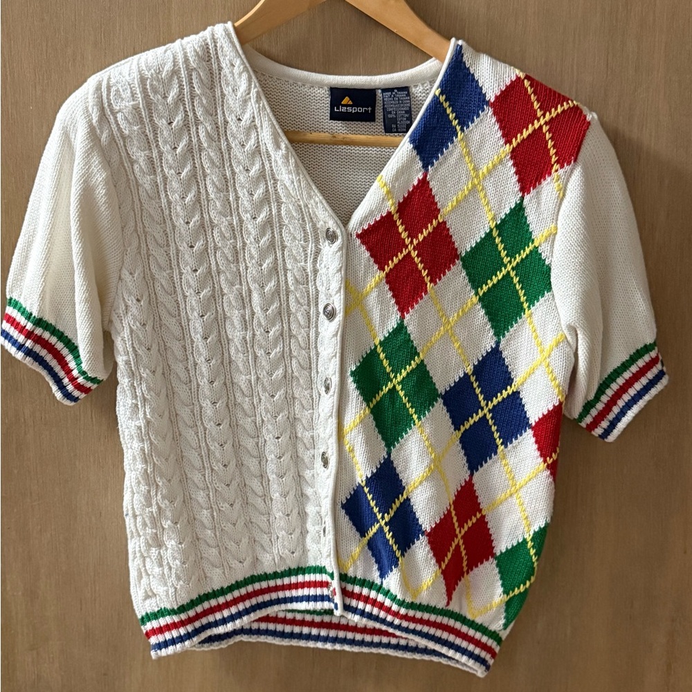 Liz Sport Women’s  Argyle and Cable Knit Cardigan from the 80s/90s